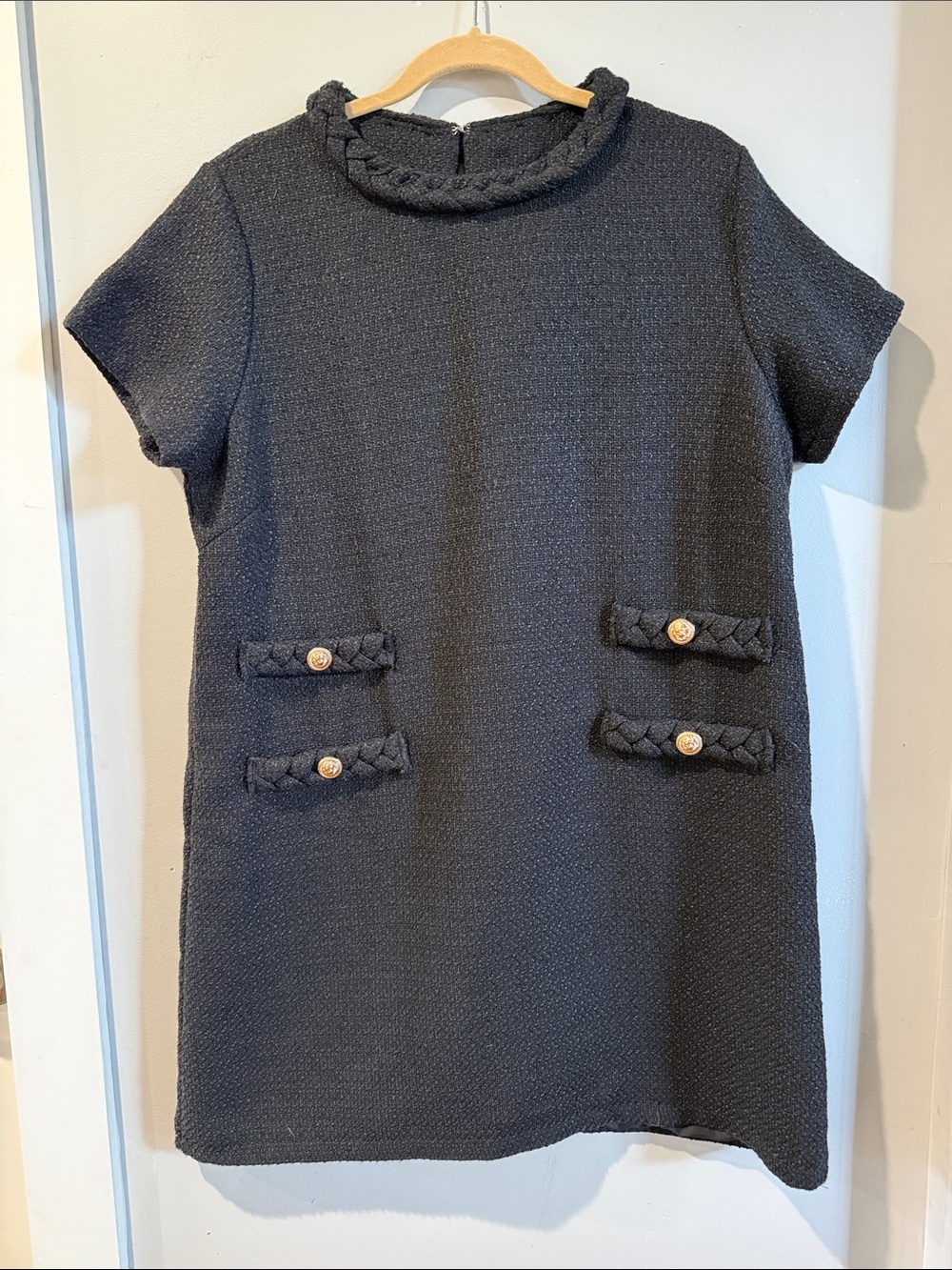 Black Tweed Shift Dress with Braided Trim